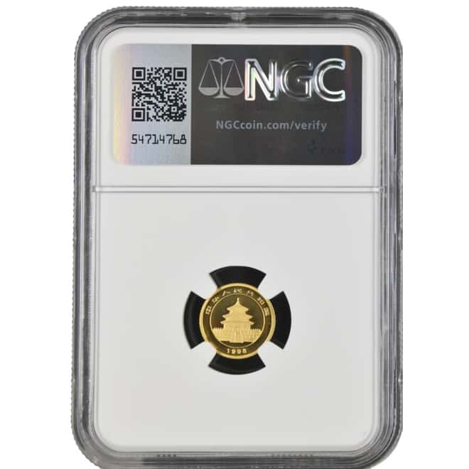 1998 1/20 oz Chinese Gold Panda 5 Yuan Large Date NGC MS 70