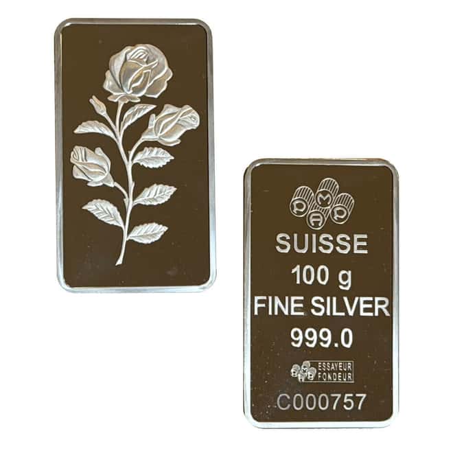 NO ASSAY - 100 Gram PAMP Suisse Rosa Silver Bar .999 Fine
