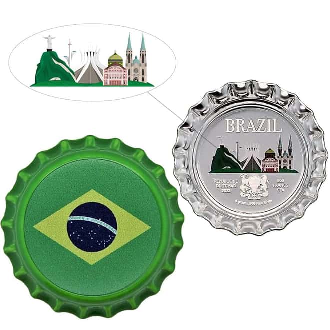 2022 Chad 6 gram World Landmarks - Brazil Bottle Cap Proof Silver Coin .999 Fine (In Cap)