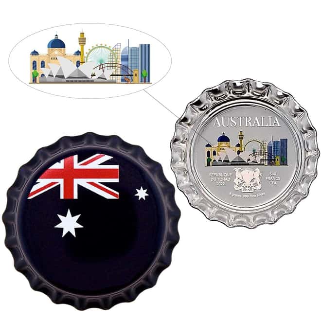 2022 Chad 6 gram World Landmarks - Australia Bottle Cap Proof Silver Coin .999 Fine (In Cap)