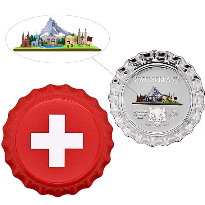 2022 Chad 6 gram World Landmarks - Switzerland Bottle Cap Proof Silver Coin .999 Fine (In Cap)