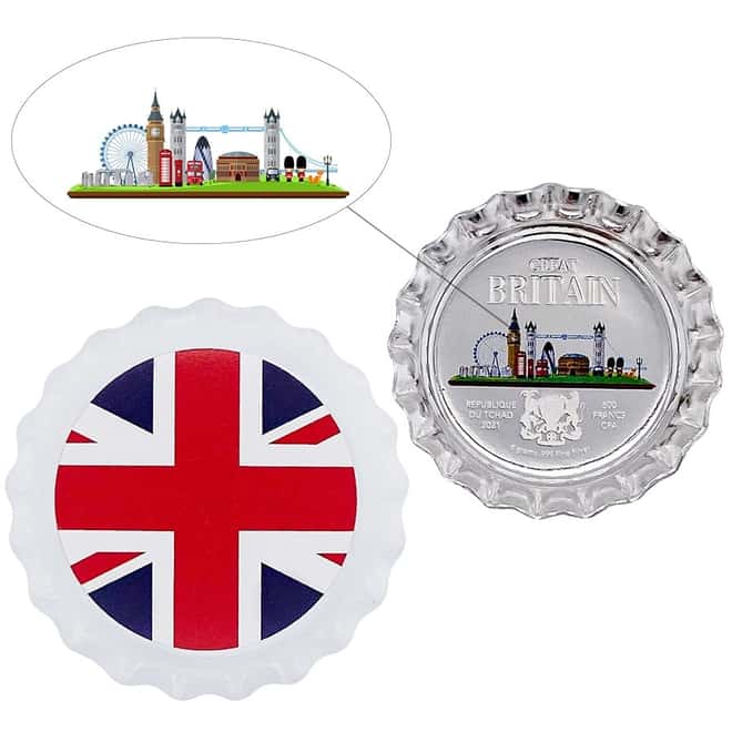 2021 Chad 6 gram World Landmarks - Great Britain Bottle Cap Proof Silver Coin .999 Fine (In Cap)