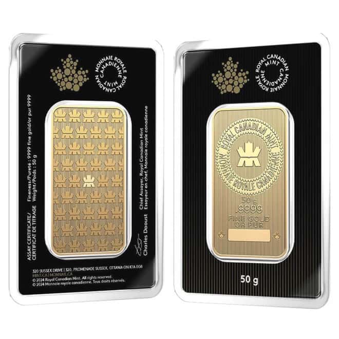 50 Gram Royal Canadian Mint RCM Wafer Gold Bar .9999 Fine (in Assay)
