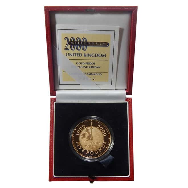 1999 1.284 oz QE2 Millennium Gold Proof Five Pound Crown (w/Box & COA)