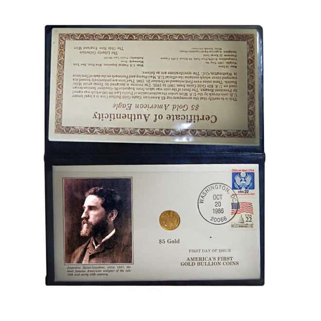 1986 1/10 oz $5 Gold American Eagle First Day of Issue Oct 20 1986 w/Official Mail Stamp