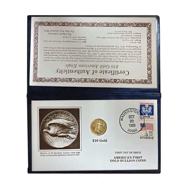 1986 1/4 oz $10 Gold American Eagle First Day of Issue Oct 20 1986 w/Official Mail Stamp