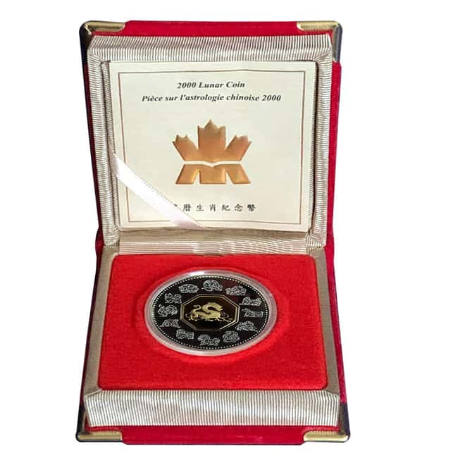 2000 Canada 1 oz Gilded Lunar Year of the Dragon Silver Coin