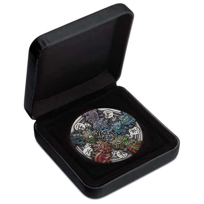 2024 5 oz Dragon and The Five Elements Antiqued Silver Coin Perth Mint