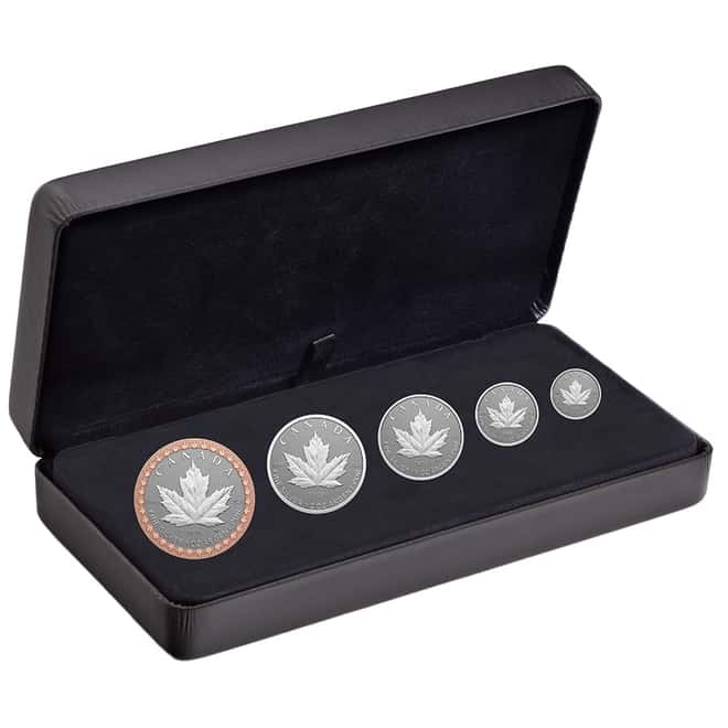 2023 Canada 1.9 oz Silver Maple Leaf 35th Anniv 5-Coin Set .9999 Fine (w/Box & COA)