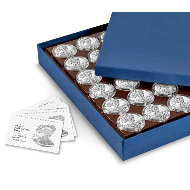 Bulk Pack of 40 - 2022-S 1 oz Proof Silver American Eagle In Cap (w/COA) - Box,Tray of 40