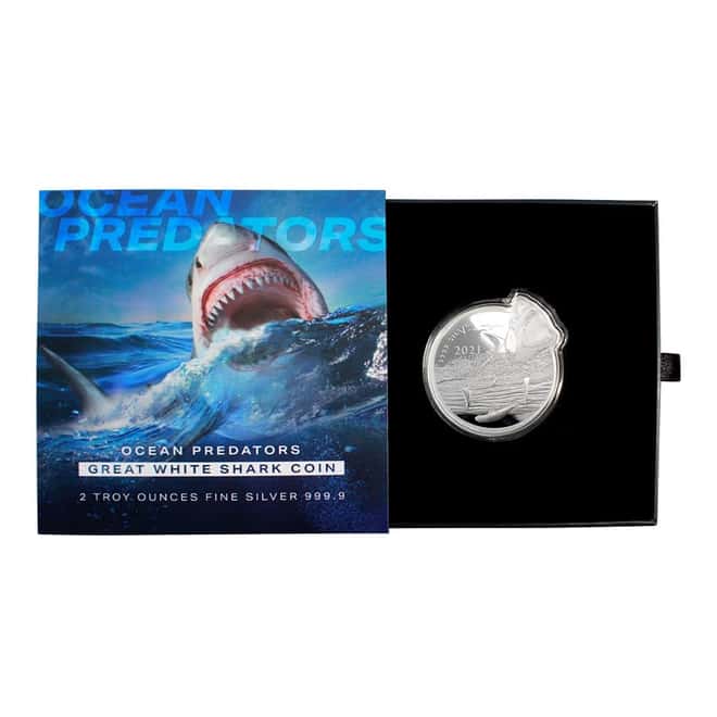 2021 2 oz Silver Great White Shark - Ocean Predators Solomon Islands $5 Coin .9999 Fine