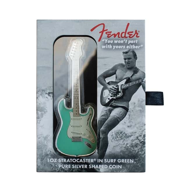 2022 1 oz Silver Fender Stratocaster Surf Green Guitar Shaped Coin Solomon Islands .9999 Fine (w/Box)