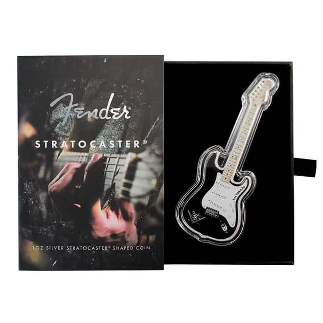 2021 1 oz Silver Fender 75th Anniv Stratocaster Guitar Shaped Coin Solomon Islands .9999 Fine (w/Box)