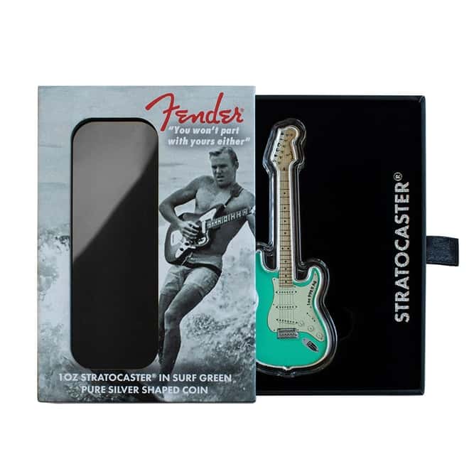 2022 1 oz Silver Fender Stratocaster Surf Green Guitar Shaped Coin Solomon Islands .9999 Fine (w/Box)