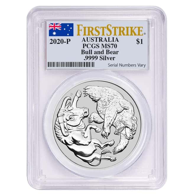 2020 1 oz Silver Australian Bull and Bear Coin Perth Mint PCGS MS 70 First Strike