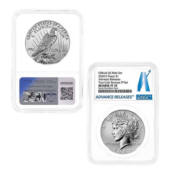 2024-S Morgan and Peace Silver Dollar Reverse Proof 2-Coin Set NGC PF 70 AR
