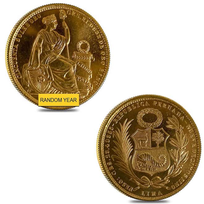 Peru 50 Soles Gold Coin AGW .6772 oz AU/BU (Random Year, 1950-1970)
