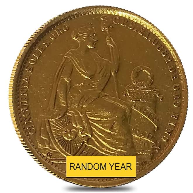 Peru 50 Soles Gold Coin AGW .6772 oz Ex-Jewelry (Random Year, 1950-1970)