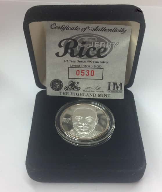 Jerry Rice Highland Mint 1 oz .999 Fine Silver Limited Edition Commemorative Medallion w/ COA