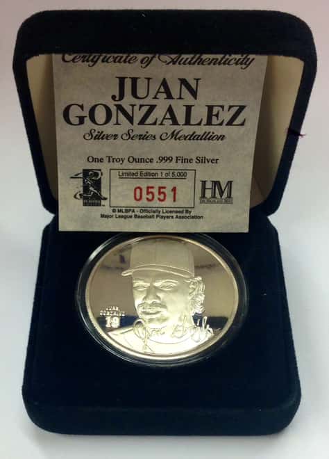 Juan Gonzalez Highland Mint 1 oz .999 Fine Silver Limited Edition Commemorative Medallion w/ COA