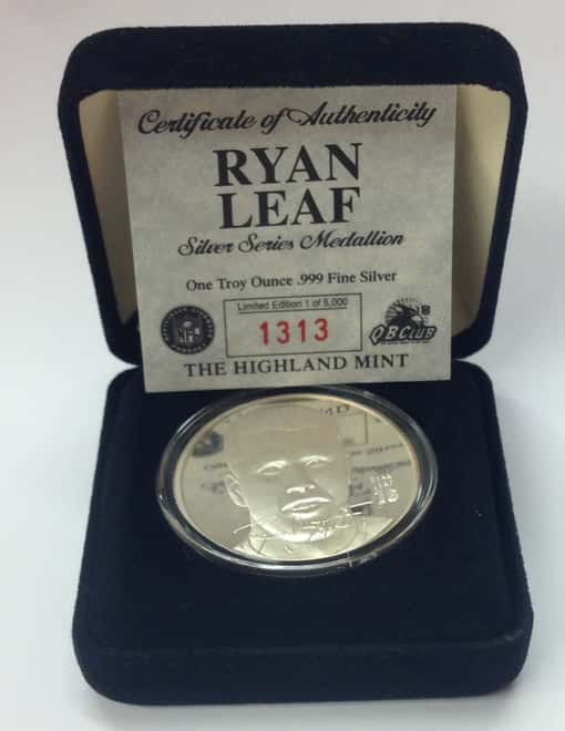 Ryan Leaf Highland Mint 1 oz .999 Fine Silver Limited Edition Commemorative Medallion w/ COA