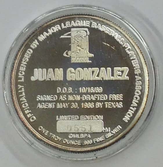 Juan Gonzalez Highland Mint 1 oz .999 Fine Silver Limited Edition Commemorative Medallion w/ COA