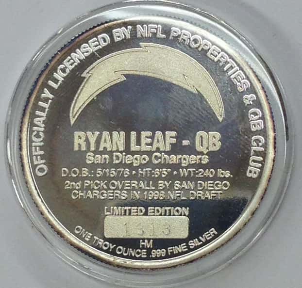 Ryan Leaf Highland Mint 1 oz .999 Fine Silver Limited Edition Commemorative Medallion w/ COA