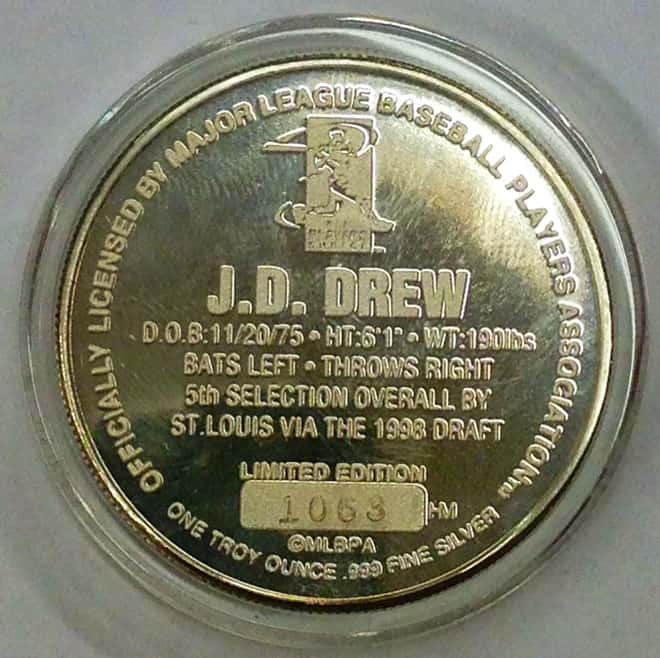 J.D. Drew Highland Mint 1 oz .999 Fine Silver Limited Edition Commemorative Medallion w/ COA 