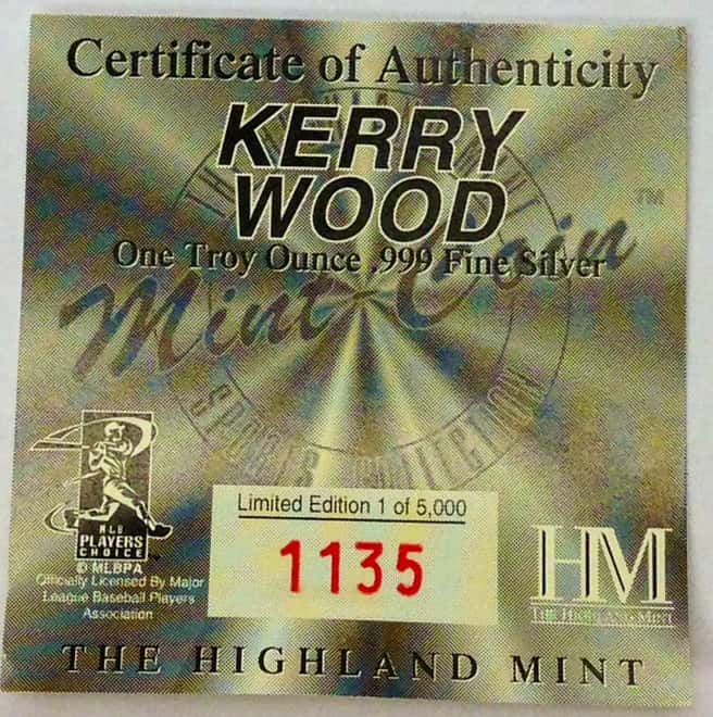 Kerry Wood Highland Mint 1 oz .999 Fine Silver Limited Edition Commemorative Medallion w/ COA