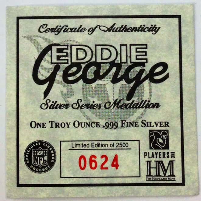 Eddie George 1 oz .999 Fine Silver Limited Edition Commemorative Medallion COA 