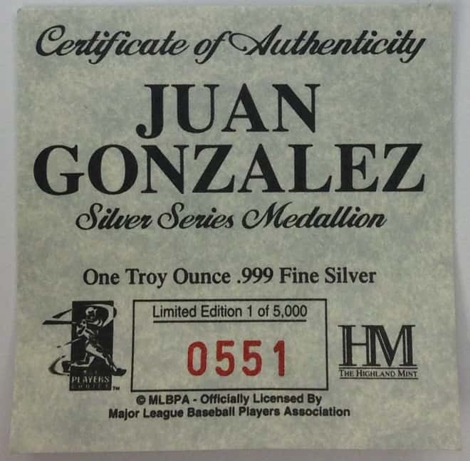 Juan Gonzalez Highland Mint 1 oz .999 Fine Silver Limited Edition Commemorative Medallion w/ COA