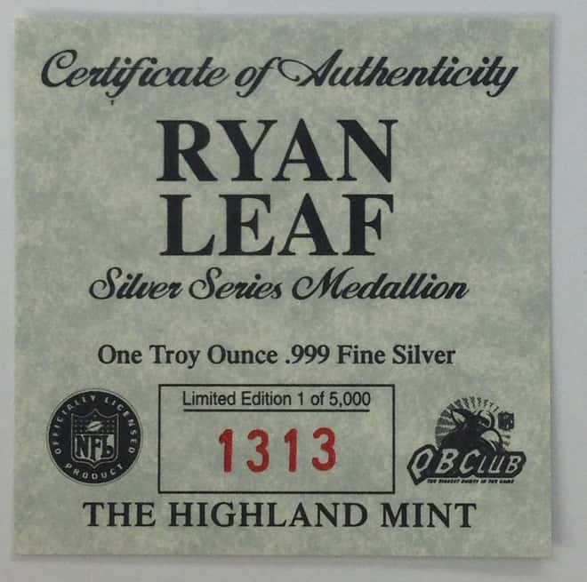 Ryan Leaf Highland Mint 1 oz .999 Fine Silver Limited Edition Commemorative Medallion w/ COA