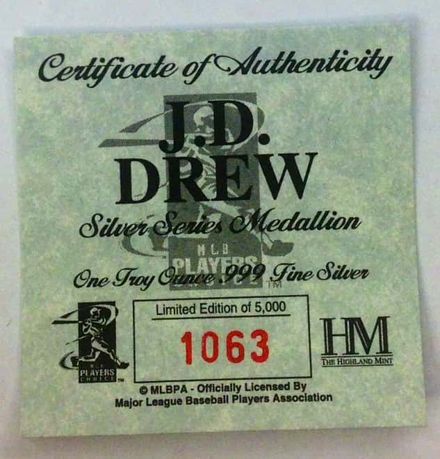 J.D. Drew Highland Mint 1 oz .999 Fine Silver Limited Edition Commemorative Medallion w/ COA 