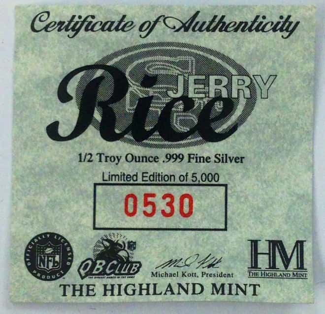 Jerry Rice Highland Mint 1 oz .999 Fine Silver Limited Edition Commemorative Medallion w/ COA