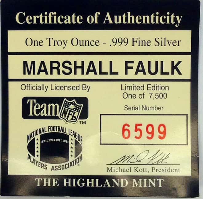 Marshall Faulk Highland Mint 1 oz .999 Fine Silver Limited Edition Commemorative Medallion w/ COA