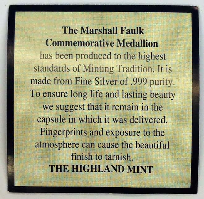 Marshall Faulk Highland Mint 1 oz .999 Fine Silver Limited Edition Commemorative Medallion w/ COA