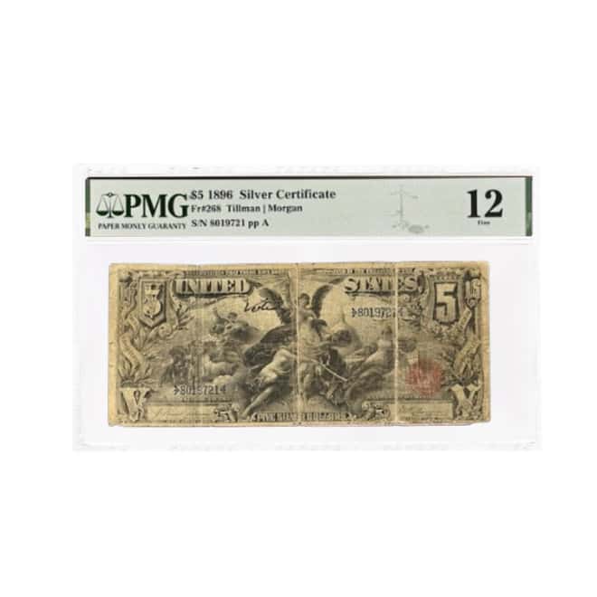 1896 $5 Silver Certificate Currency Note Tillman PMG F 12 Annotation