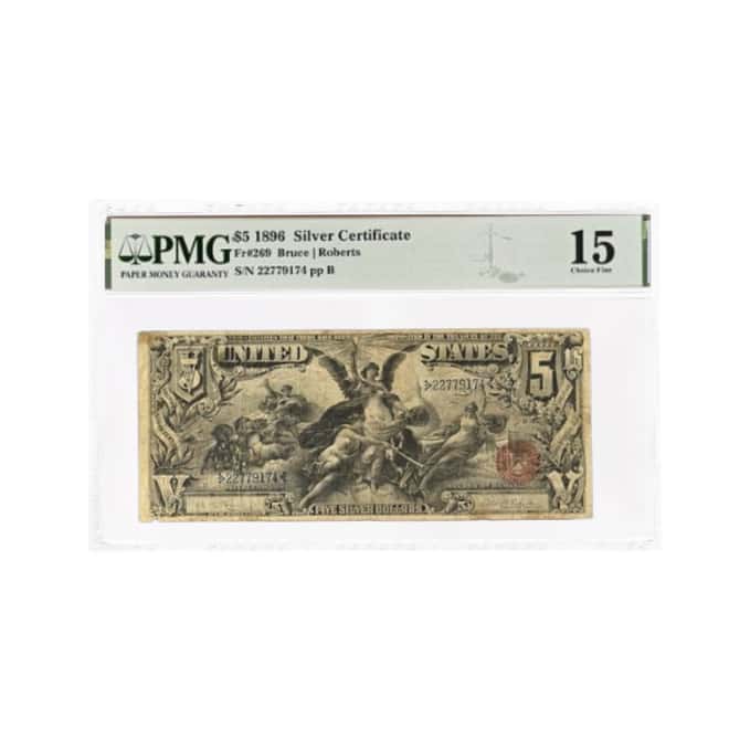 1896 $5 Silver Certificate Currency Note Roberts PMG F 15