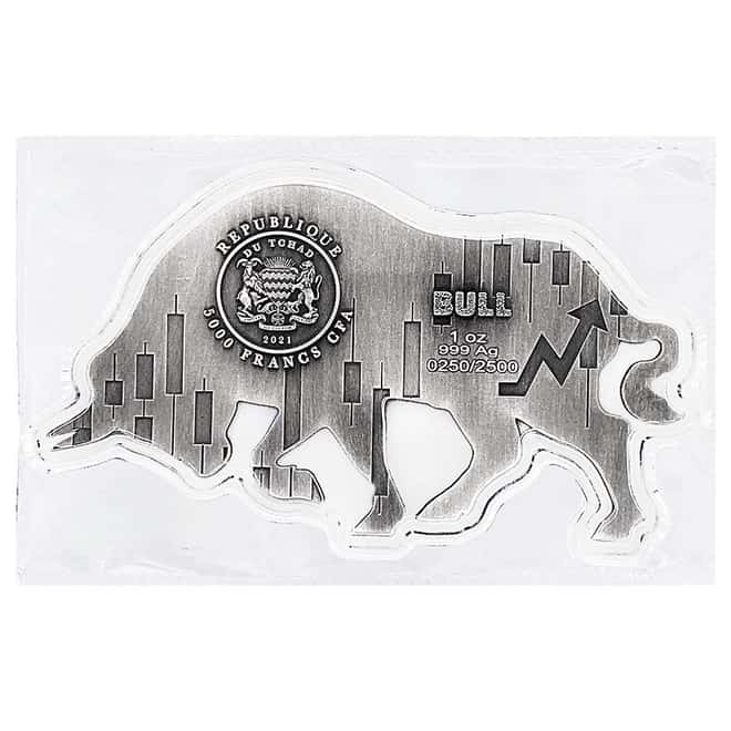 2021 Chad 1 oz Silver Bull Shaped Antiqued High Relief Coin (In Cap, Sealed)