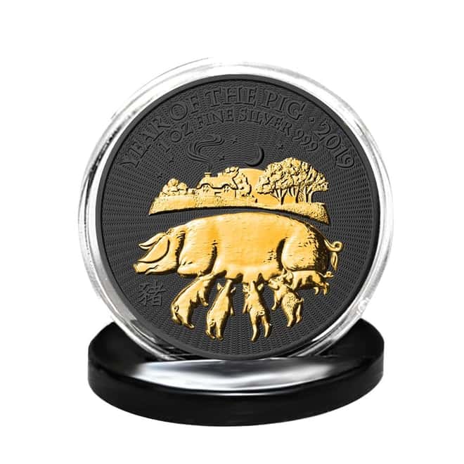 2019 Great Britain 1 oz Silver Year of the Pig Coin .999 Fine Black Ruthenium 24K Gold Edition (w/Box & COA)