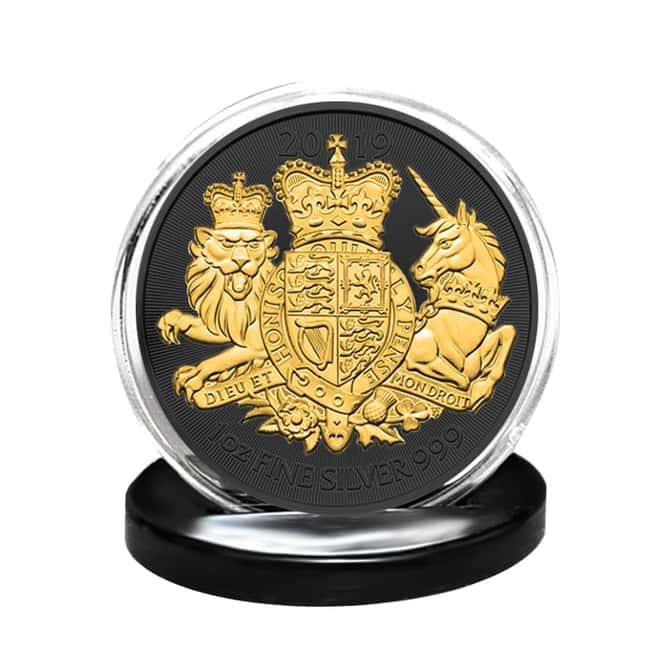 2019 Great Britain 1 oz Silver Royal Arms Coin Black Ruthenium 24K Gold Edition (w/Box & COA)