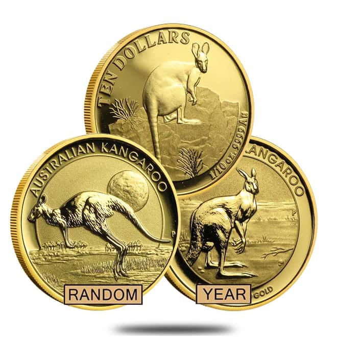 1/10 oz Australian Kangaroo/Nugget Gold Coin .9999 Fine (Random Year)