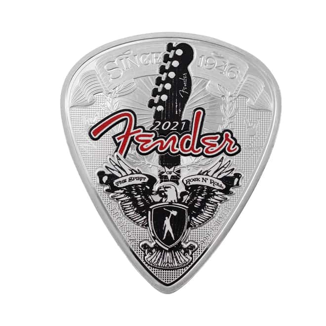 2021 1 oz Silver Fender Guitar Pick 75th Anniv Solomon Islands $2 Coin .9999 Fine (w/Box)