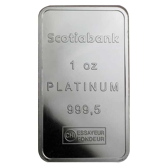 1 oz Platinum Bar - Scotiabank Valcambi Suisse .999+ Fine (In Assay) 