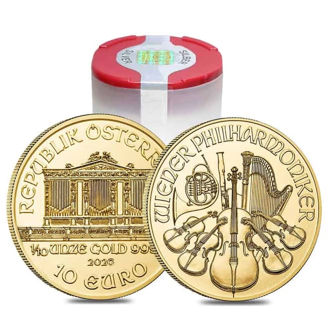 Tube of 20 - 2026 1/10 oz Austrian Gold Philharmonic Coin BU
