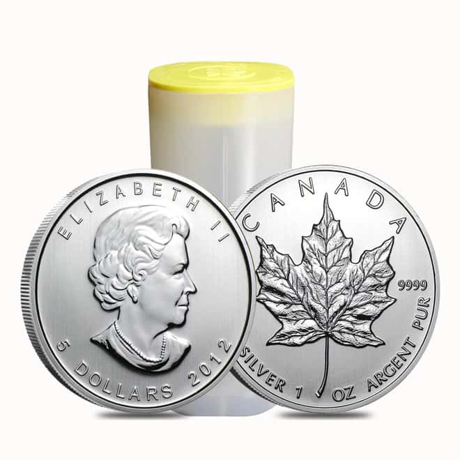 Roll of 25 - 2012 1 oz Silver Canadian Maple Leaf .9999 Fine $5 Coin