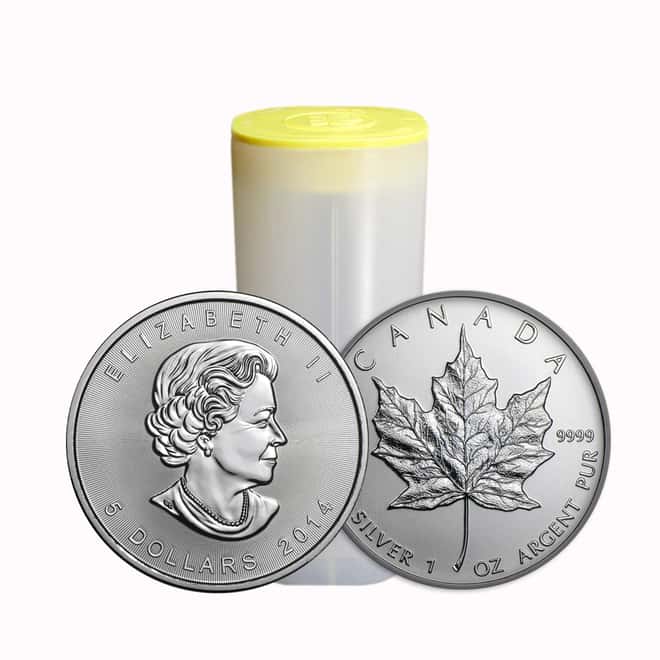 Roll of 25 - 2014 Canadian 1 oz .9999 Silver Maple Leaf $5 Coins