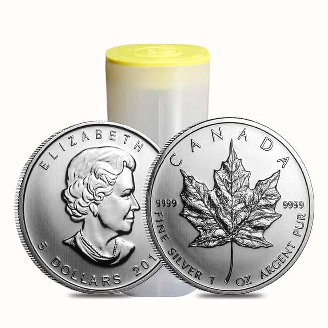 Roll of 25 - 2011 1 oz Silver Canadian Maple Leaf .9999 Fine $5 Coin