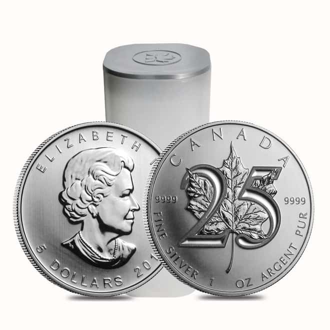 2013 1 oz Canadian 25th Anniversary Silver Maple Leaf Coin (25-Coin Tube)