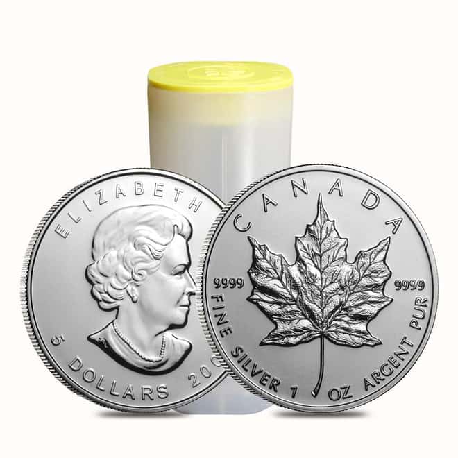 Roll of 25 - 2009 1 oz Silver Canadian Maple Leaf .9999 Fine $5 Coin